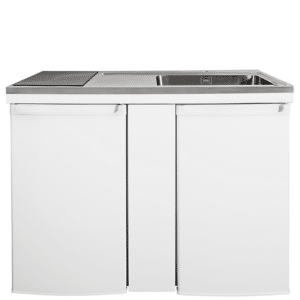 Intra Juvel Minikøkken Culina hvid Mål 1200x610x900. Vask til højre