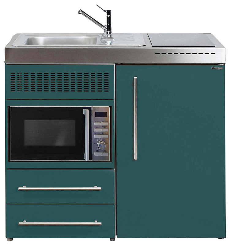 Intra Juvel minikøkken 100 køleskab, mikroovn, keramisk plade, vandlås, strainer, venstre. Petrolium