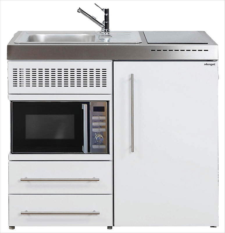 Intra Juvel minikøkken 100 køleskab, mikroovn, keramisk plade, vandlås, strainer, venstre. Hvid