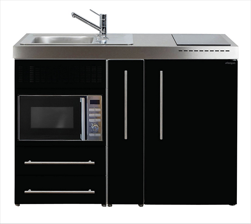 Intra Juvel minikøkken 120A køleskab, mikroovn, keramisk plade, vandlås, strainer, venstre. Sort