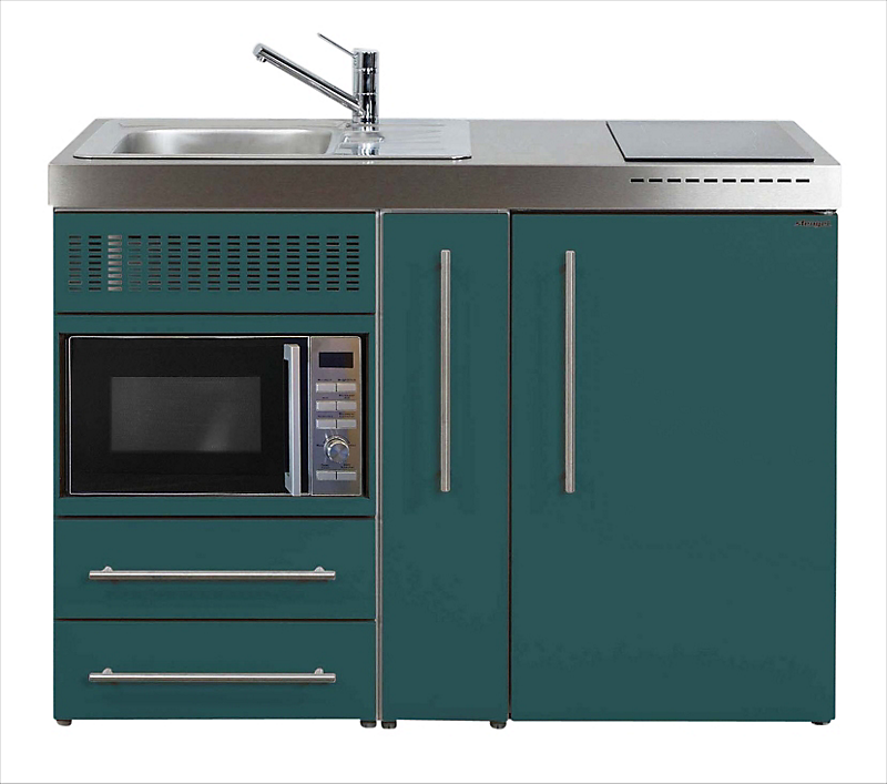 Intra Juvel minikøkken 120A køleskab, mikroovn, keramisk plade, vandlås, strainer, venstre. Petrolium