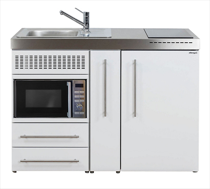 Intra Juvel minikøkken 120A køleskab, mikroovn, keramisk plade, vandlås, strainer, venstre. Hvid