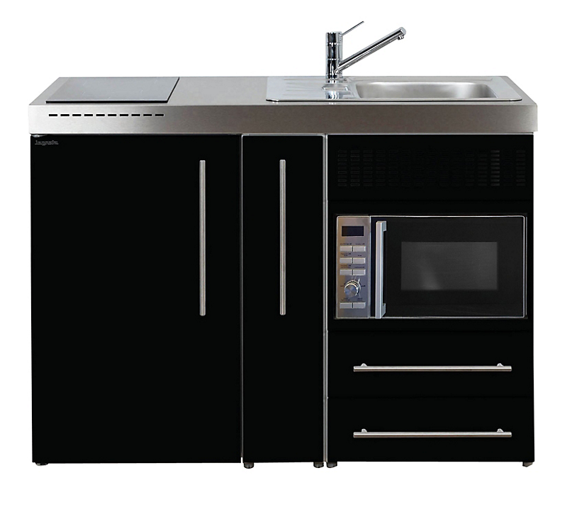 Intra Juvel minikøkken 120A køleskab, mikroovn, keramisk plade, vandlås, strainer, højre. Sort