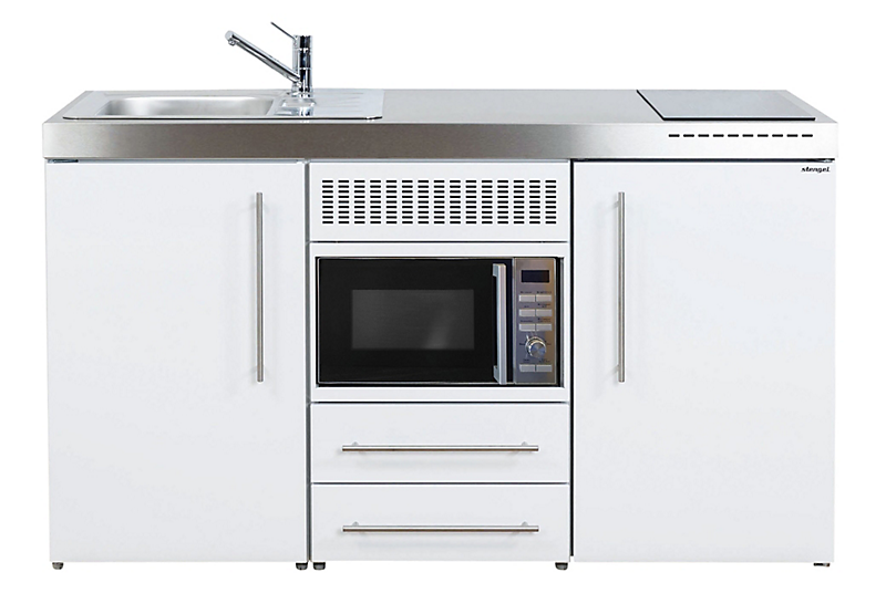 Intra Juvel minikøkken 150 køleskab, mikroovn, keramisk plade, vandlås, strainer, venstre. Hvid