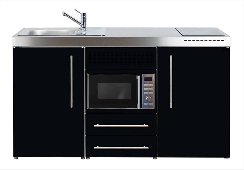 Intra Juvel minikøkken 150 køleskab, mikroovn, keramisk plade, vandlås, strainer, venstre. Sort