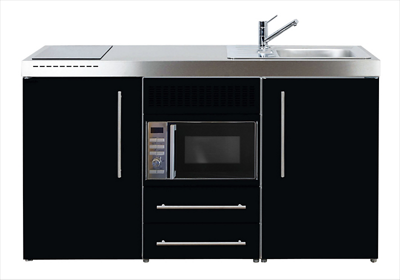 Intra Juvel minikøkken 150 køleskab, mikroovn, keramisk plade, vandlås, strainer, højre. Sort