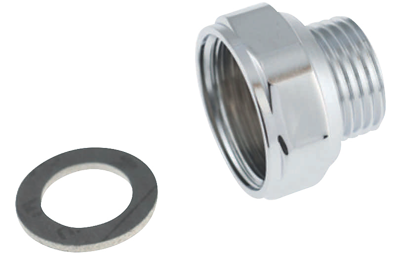 Mora overgangsmuffe 3/4x1/2 med pakning, muffe G3/4'' (udv.) og nippel G1/2'' (indv.)