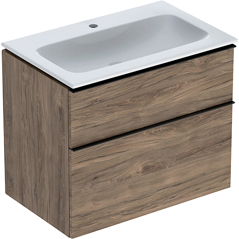 GEBERIT Icon møbelpakke 750x480x630mm 2skuffer nøddetræ hickory melamin træstruktur, keratect, greb lava pulverlakeret mat