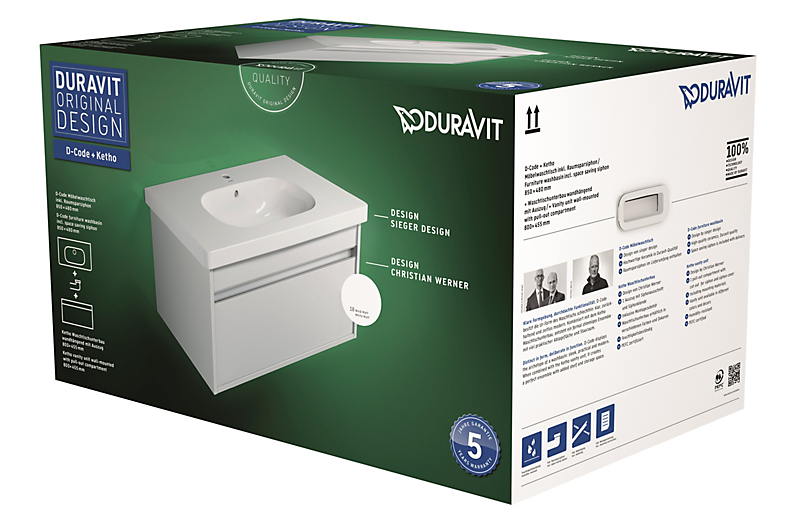 Duravit Ketho møbelsæt 830x460x530mm, hvid højglans med 1 skuffe & D-code vask, med vandlås