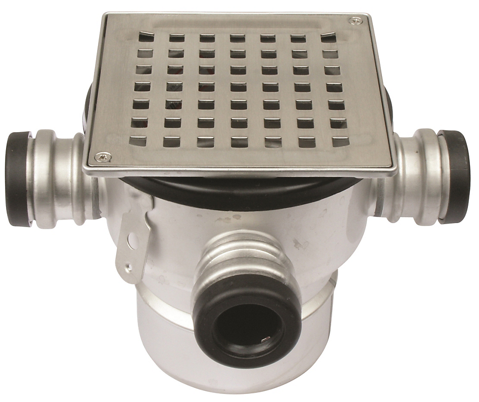 Blücher Square gulvafløb med lodret Ø110 mm afløb og 3 sideindløb. Til beton & fliser. Rustfrit stål