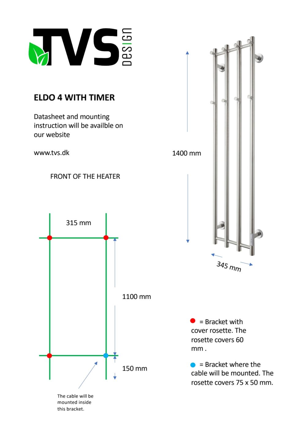 Tvs el eldo 4 håndklæderadiator med timer 1400 x 345 mm. 2 og 4 timers timer mulighed ved tryk på knap. Sort