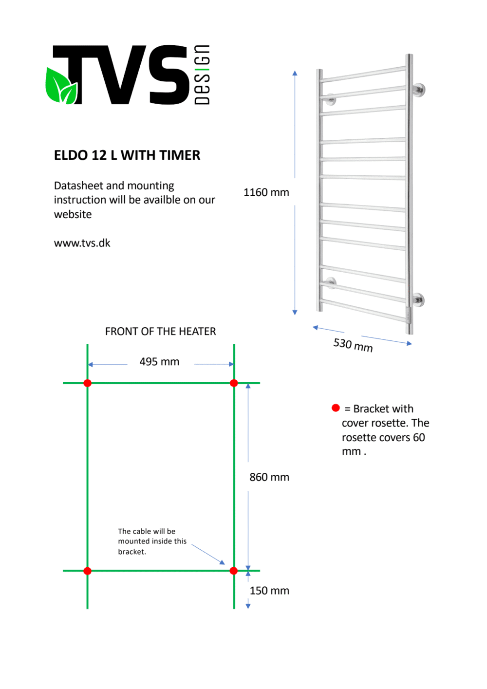 Tvs eldo 12l el håndklæderadiator 1160 x 530 mm med timer og helt runde lameller. Rustfri