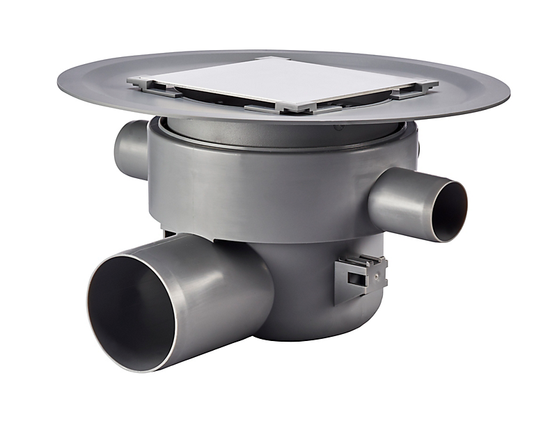 Purus Multiflex gulvafløb med vandret Ø75 mm afløb. Klinke rist og 3 sideindløb samt smøremembran. Til beton & fliser. PP plast