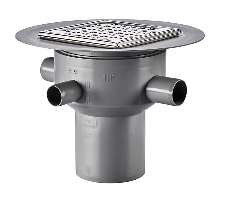 Purus Multiflex gulvafløb med lodret Ø110 mm afløb og 3 sideindløb samt smøremembran. Til beton & fliser. PP plast