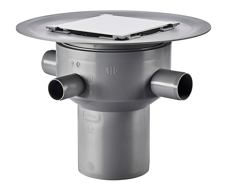 Purus Multiflex gulvafløb med lodret Ø110 mm afløb. Klinke rist og 3 sideindløb samt smøremembran. Til beton & fliser. PP plast